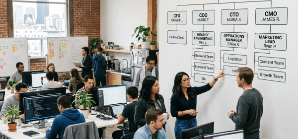 Startup office space with team members working and discussing under an organizational chart showing CEO, CFO, COO, CTO, and CMO roles