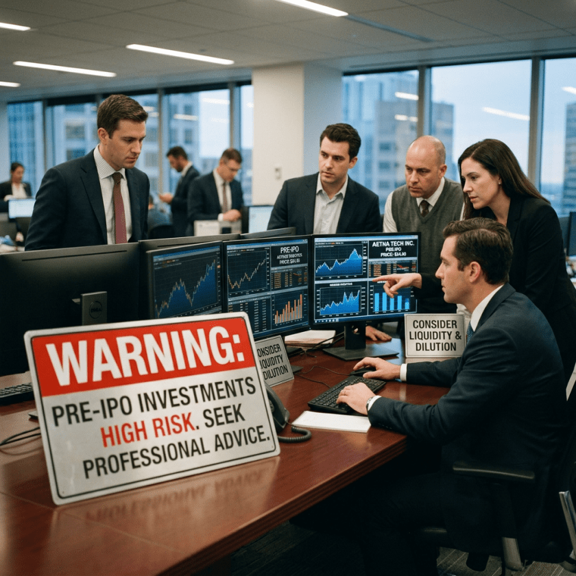 Four businesspeople analyzing pre-IPO stock charts with risk warning signs