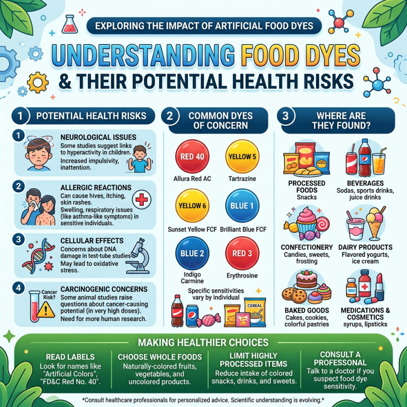 Infographic on potential health risks of artificial food dyes, common dyes of concern, and sources including processed foods, beverages, confectionery, dairy products, baked goods, medications and cosmetics.