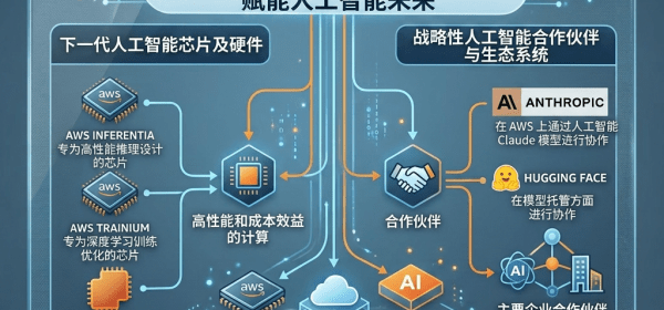 Diagram showing AWS AI strategy with next-generation chips, high-performance compute, and strategic AI partnerships