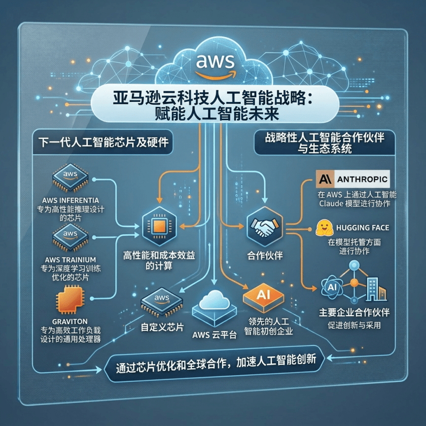 Diagram showing AWS AI strategy with next-generation chips, high-performance compute, and strategic AI partnerships