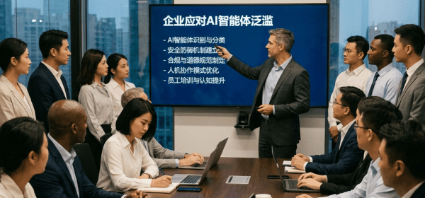 Business meeting with a man presenting AI strategy points on a screen to attentive colleagues around a conference table