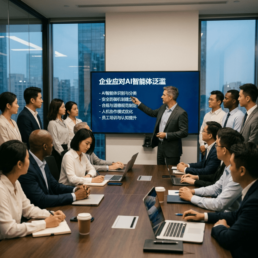 Business meeting with a man presenting AI strategy points on a screen to attentive colleagues around a conference table