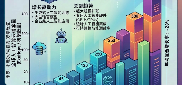 Bar chart showing AI cloud data center capacity growth from 15 exaflops in 2020 to 510 exaflops in 2030 with drivers, trends, and economic impacts listed.
