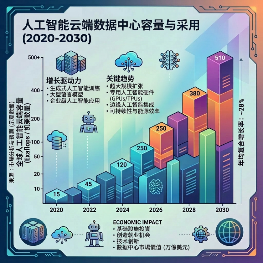 Bar chart showing AI cloud data center capacity growth from 15 exaflops in 2020 to 510 exaflops in 2030 with drivers, trends, and economic impacts listed.