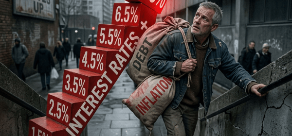 Man climbing stairs carrying bags labeled debt and inflation alongside rising interest rates from 0.5% to 7.5%