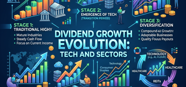 Infographic showing dividend growth evolution in stages from traditional high-yielders to future outlook with technology and sector diversification