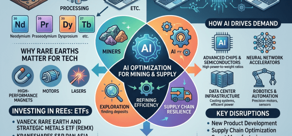 Diagram explaining the synergy between rare earth elements ETFs and AI disruption in technology.