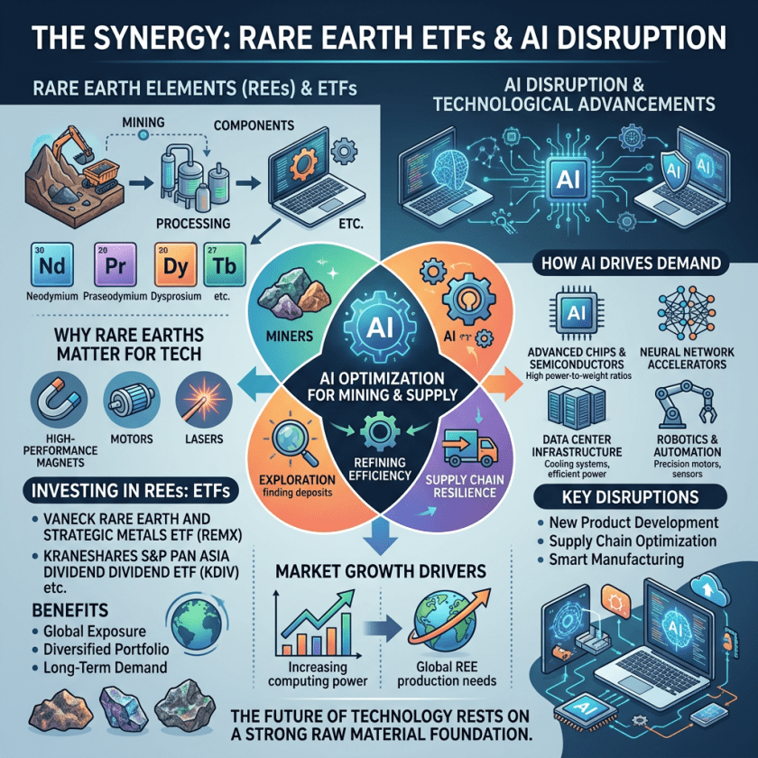 Diagram explaining the synergy between rare earth elements ETFs and AI disruption in technology.