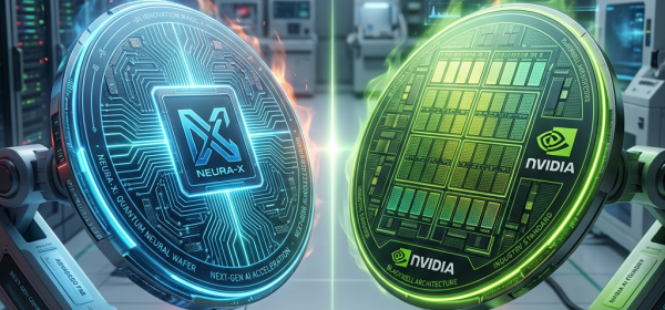 Neura-X and Nvidia AI chips held by robotic arms in a tech lab