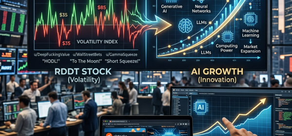 Charts comparing Reddit stock volatility and AI growth innovation trends
