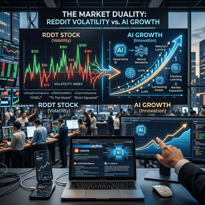 Charts comparing Reddit stock volatility and AI growth innovation trends