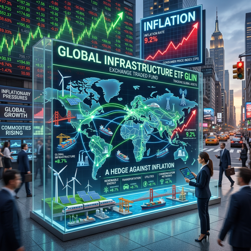 Global map showing infrastructure ETF routes and inflation data