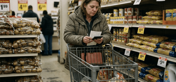 Woman holding a list and calculator shopping in grocery aisle with packaged food and cleaning products