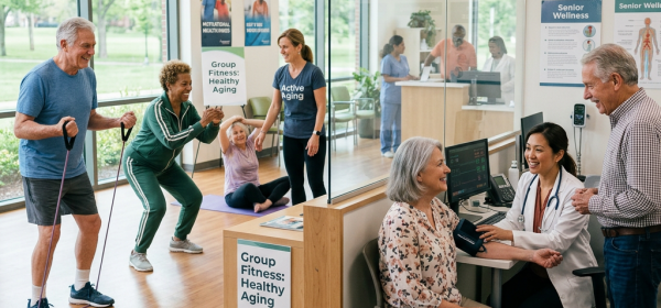 Seniors participating in group fitness exercises and medical consultation for healthy aging
