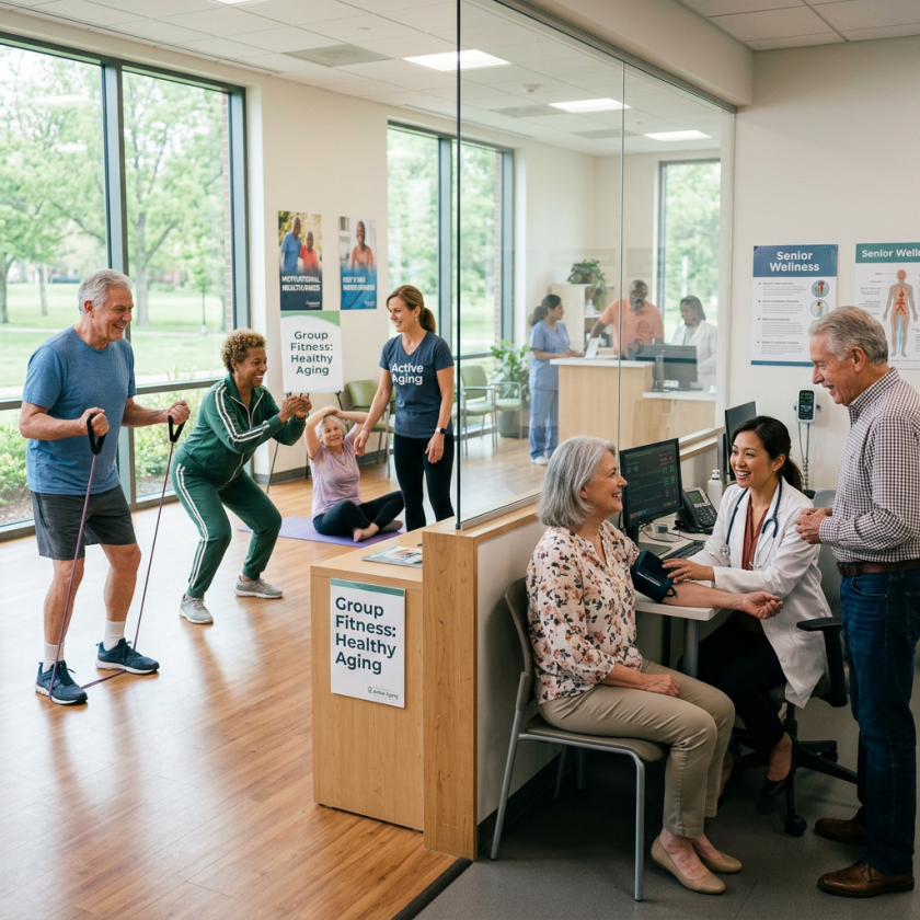 Seniors participating in group fitness exercises and medical consultation for healthy aging