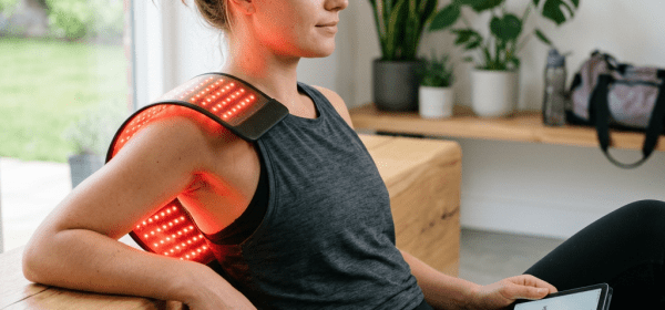 Woman using red light therapy device on shoulder holding a tablet