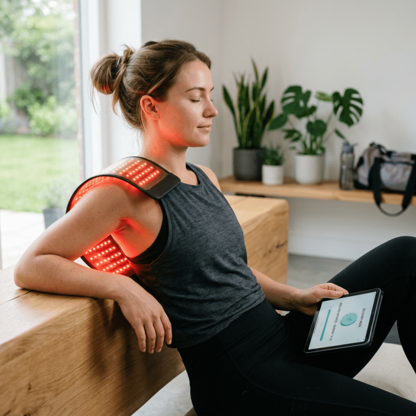 Woman using red light therapy device on shoulder holding a tablet