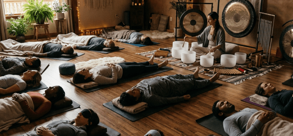 People lying on mats with blankets and eye masks during a sound healing meditation session