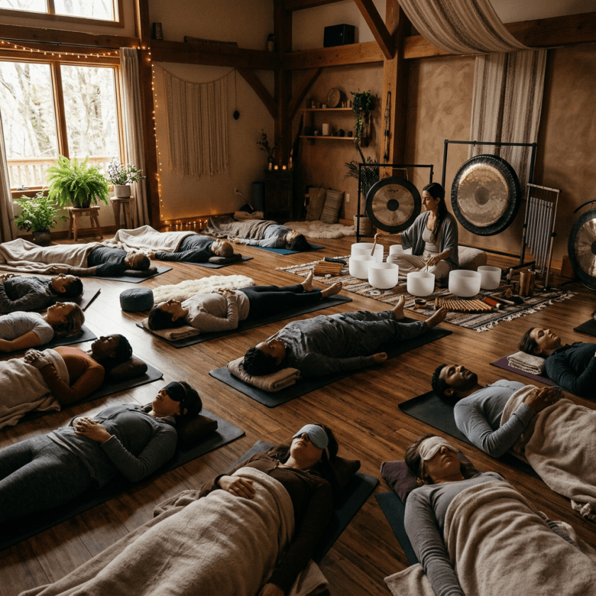 People lying on mats with blankets and eye masks during a sound healing meditation session