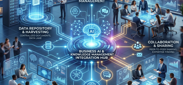 Business professionals collaborating in a high-tech office environment with digital data repositories and AI knowledge management visuals