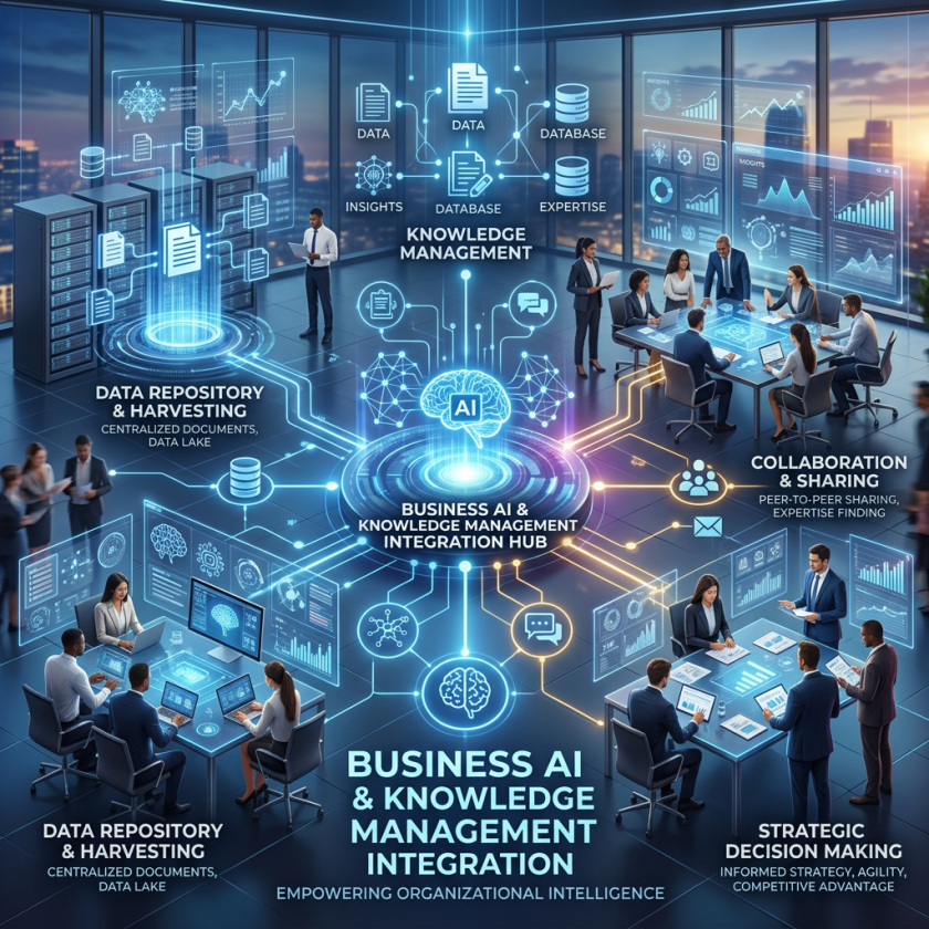 Business professionals collaborating in a high-tech office environment with digital data repositories and AI knowledge management visuals