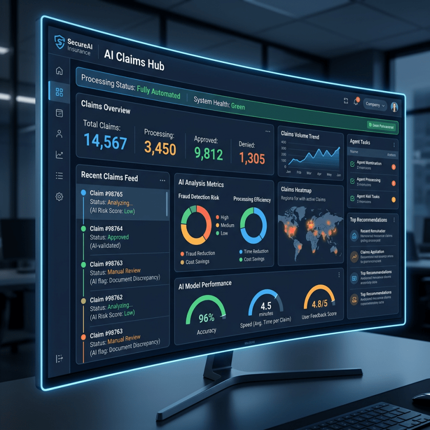 Dashboard showing AI Insurance Claims Hub with total claims, processing status, analysis metrics, and recommendations