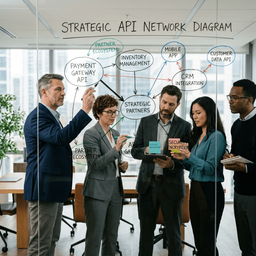 Five professionals discussing and drawing a strategic API network diagram on a glass wall in an office.