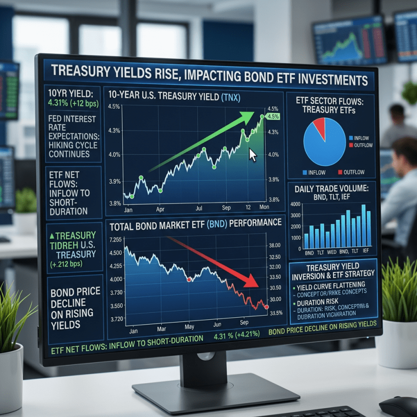 Financial dashboard displaying rising 10-year U.S. Treasury yields and declining bond ETF performance
