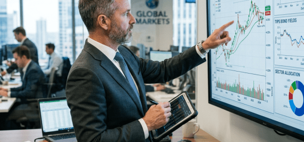 Financial analyst pointing at bond market performance graph on screen