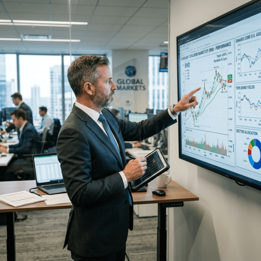 Financial analyst pointing at bond market performance graph on screen
