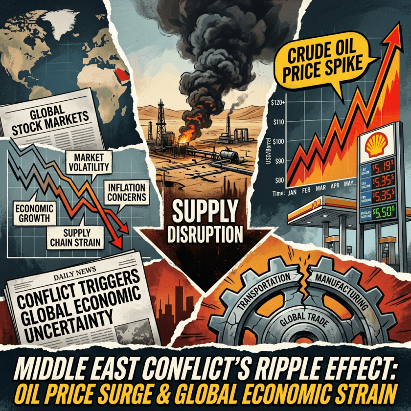 Middle East conflict causing oil supply disruption, rising crude oil prices, and global economic uncertainty
