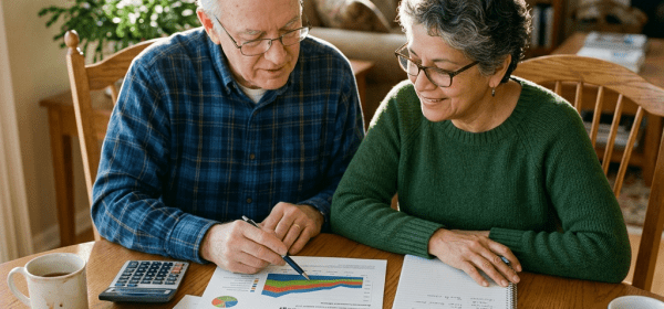 Senior couple analyzing financial documents and charts on a table