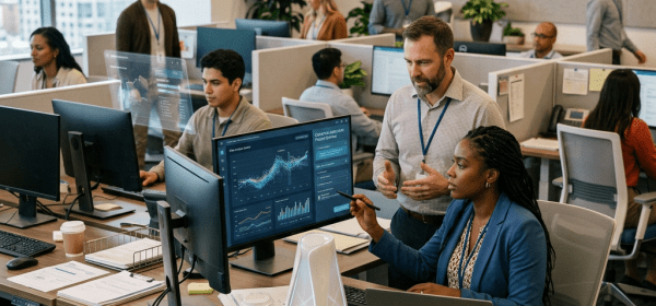 Two coworkers discussing data charts on a computer monitor in an open office space