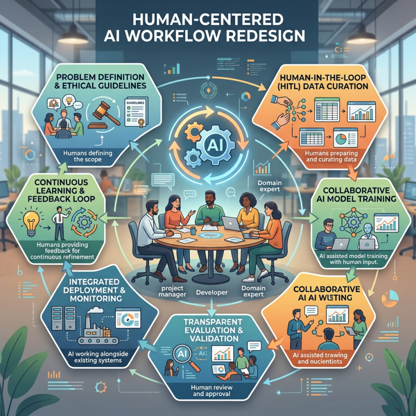 Diagram of human-centered AI workflow showing problem definition, data curation, model training, writing, evaluation, deployment, and feedback loop with human roles.
