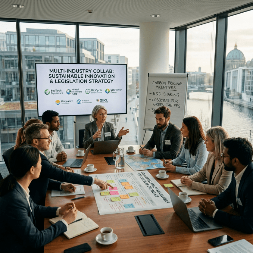 Business team discussing sustainable innovation and legislation strategy at a conference table