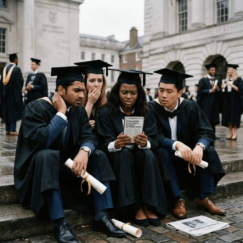 Four graduates sitting on steps in academic gowns reading a news article about job market shock