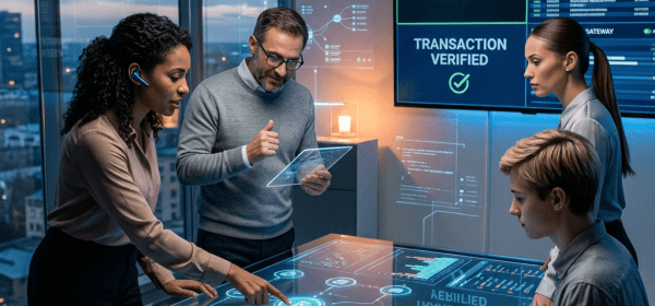 Four professionals collaborating around a digital touchscreen table showing transaction verification and partnership status