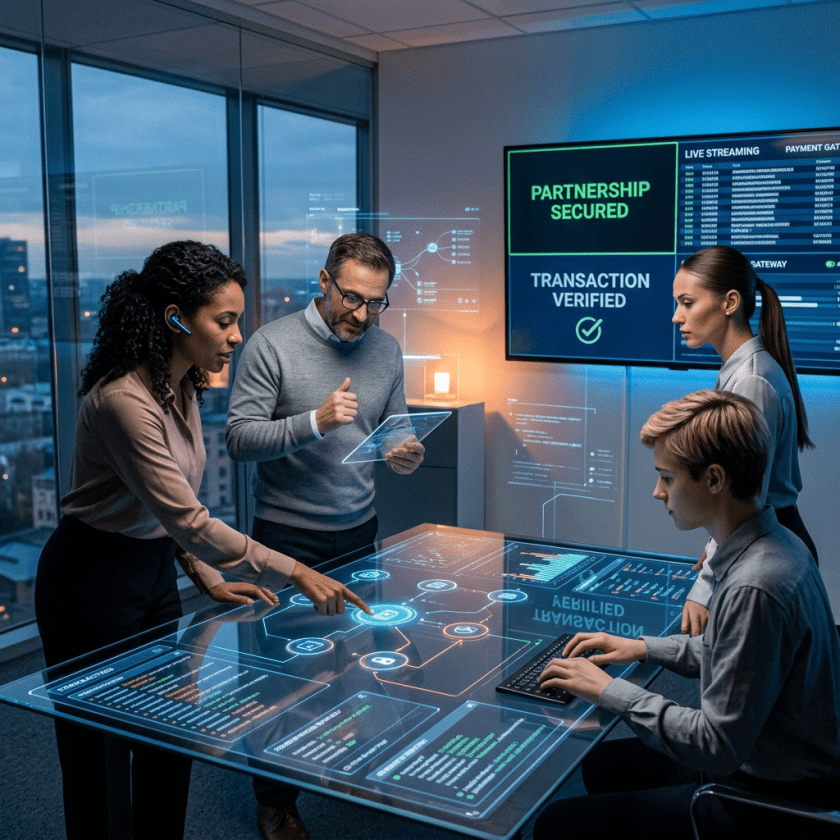 Four professionals collaborating around a digital touchscreen table showing transaction verification and partnership status