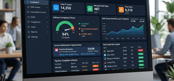 Dashboard showing IT asset counts, software compliance, SaaS spend trends, and app health metrics