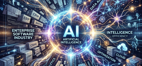 Central AI hub connecting enterprise software concepts like CRM, ERP, data, automation, cloud, and analytics