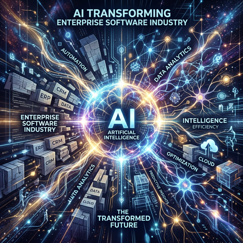 Central AI hub connecting enterprise software concepts like CRM, ERP, data, automation, cloud, and analytics