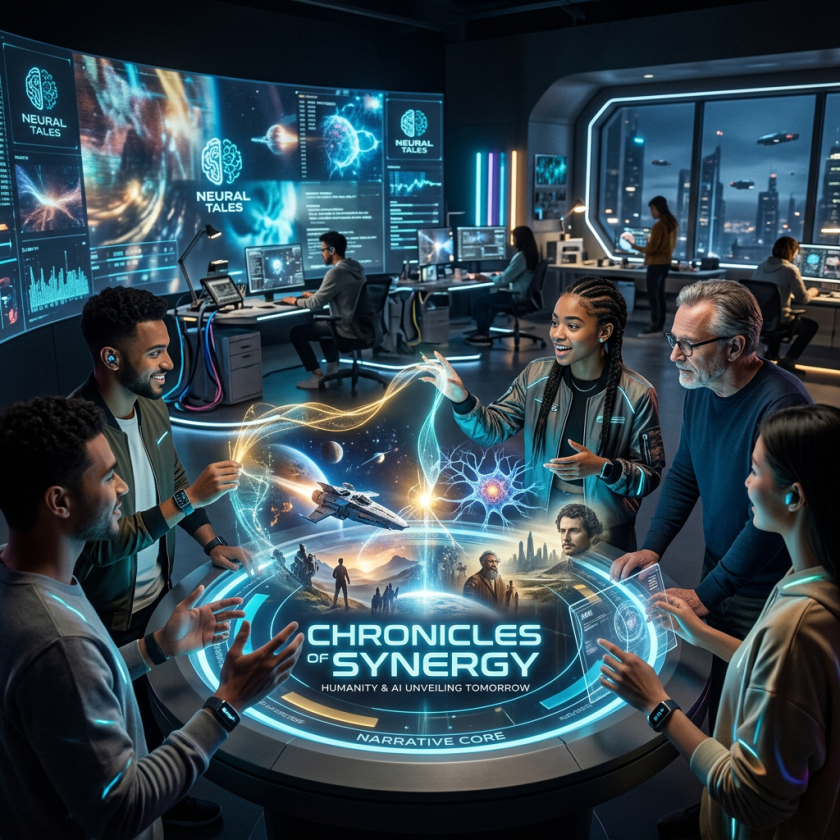 Group of people interacting with a futuristic holographic interface showing sci-fi visuals and text 'Chronicles of Synergy'.