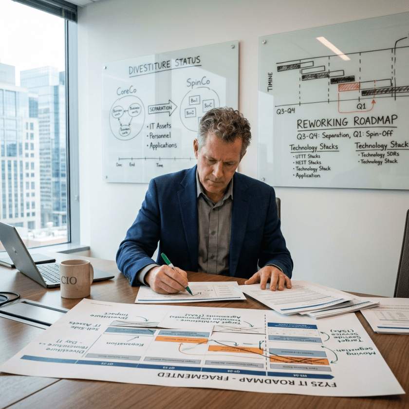 Corporate professional reviewing IT divestiture documents and charts in office