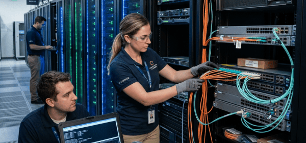 Technicians managing and connecting cables in a data center server rack