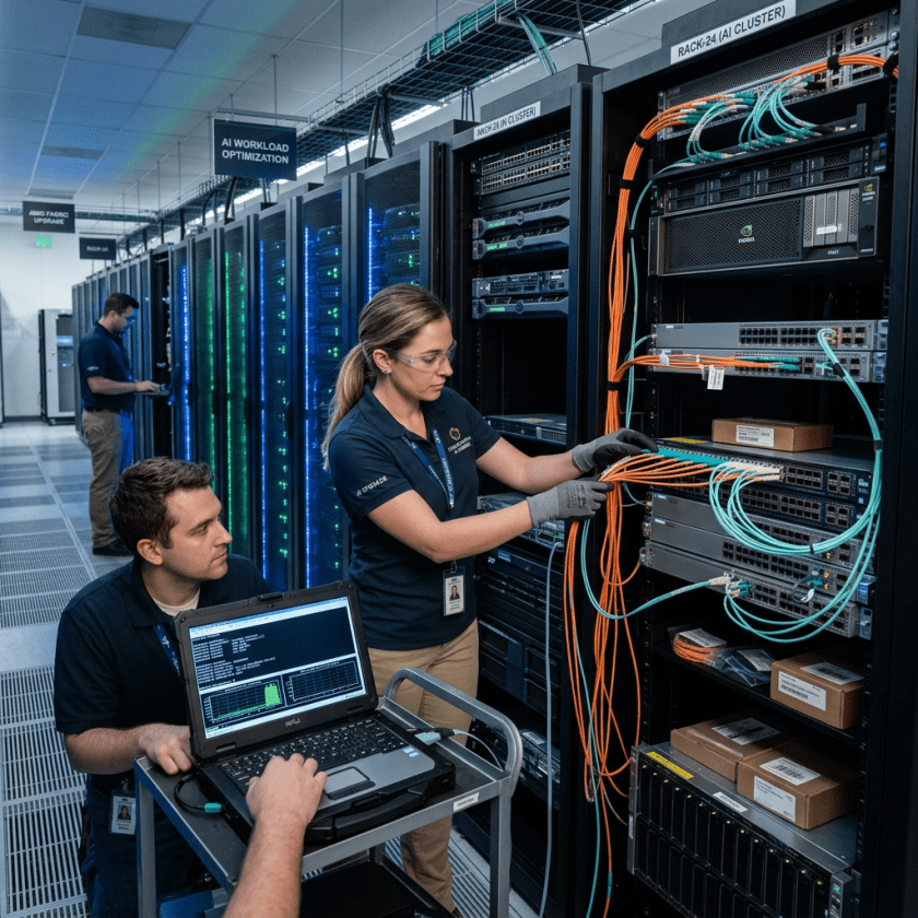 Technicians managing and connecting cables in a data center server rack