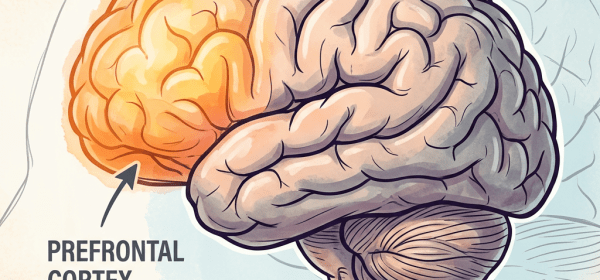 Brain diagram highlighting prefrontal cortex responsible for planning and social behavior