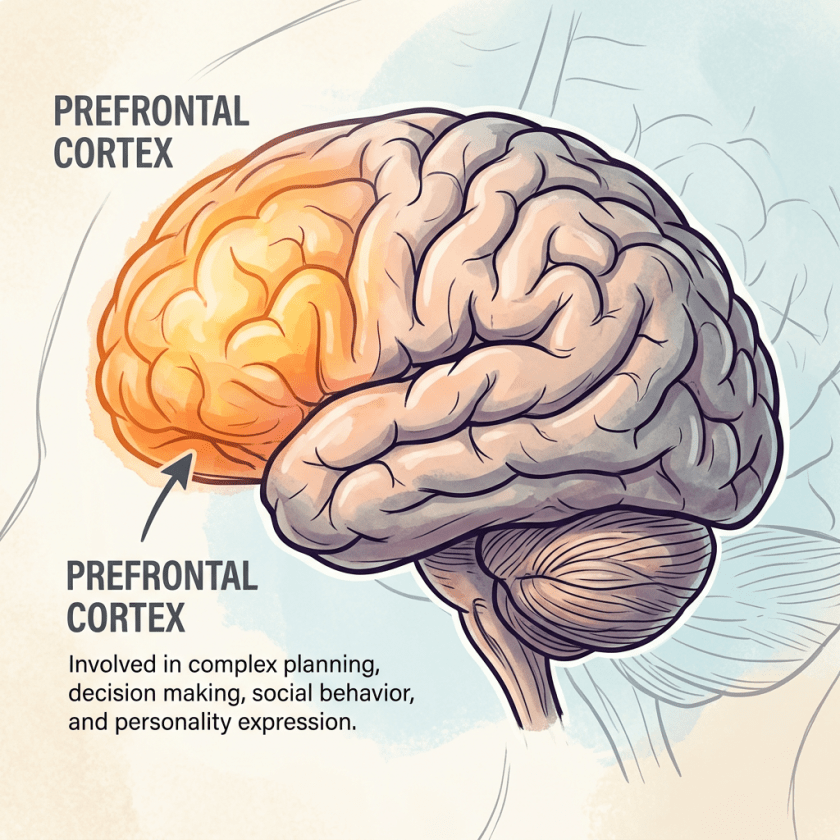 Brain diagram highlighting prefrontal cortex responsible for planning and social behavior