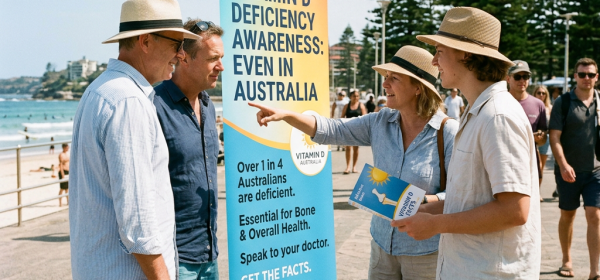 Volunteers discussing vitamin D deficiency awareness with people at a beachside information booth