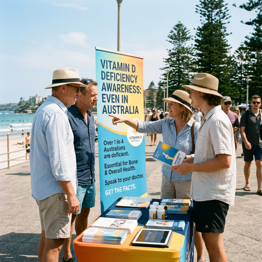 Volunteers discussing vitamin D deficiency awareness with people at a beachside information booth